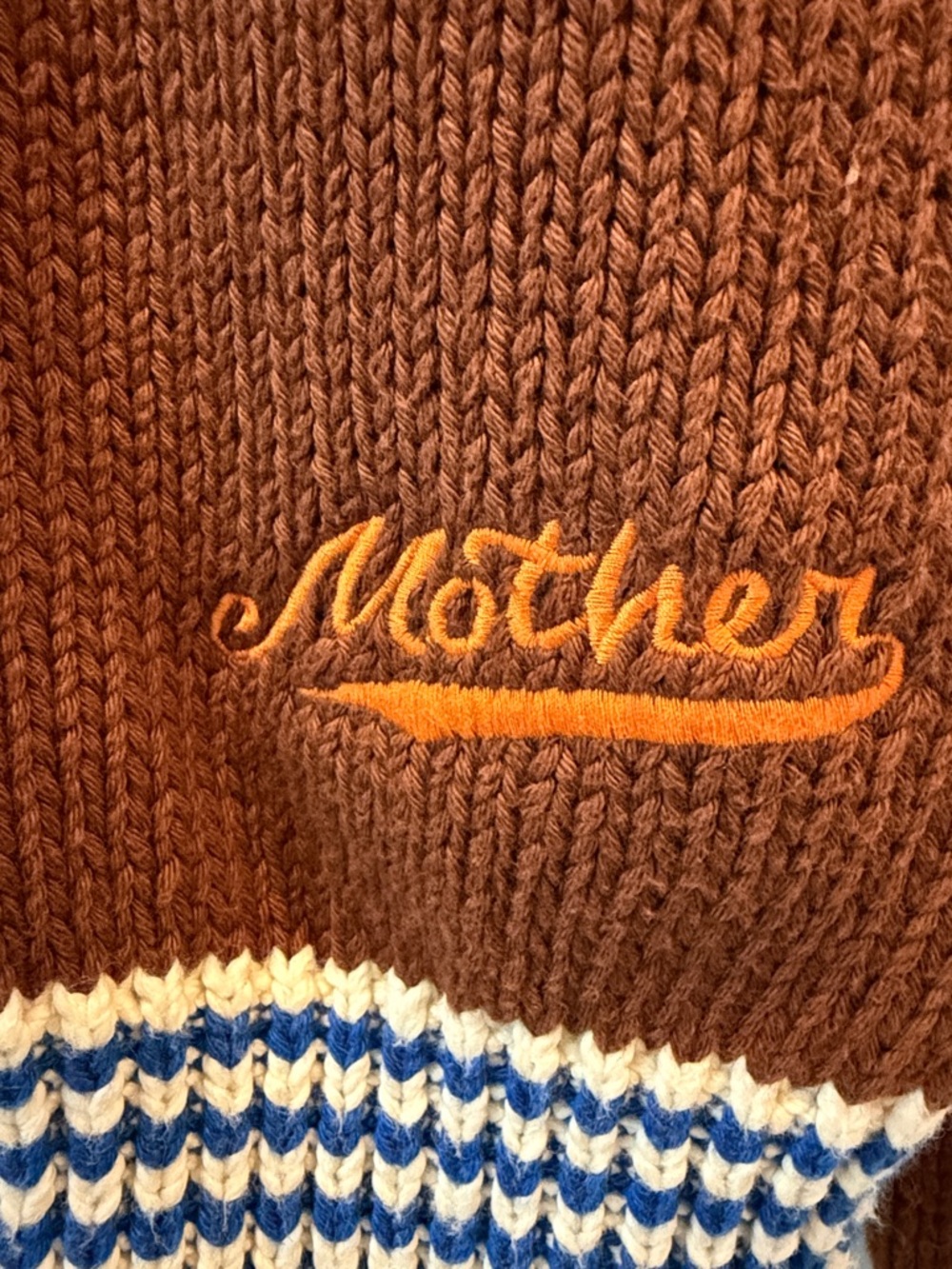 MOTHER Brown and Cream Knit Cardigan with Blue Trim - Picture 3 of 3
